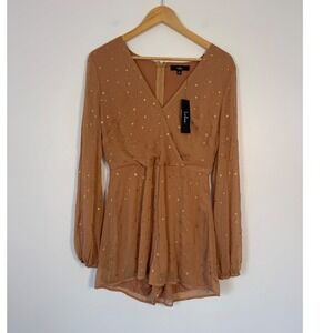 Celestial Lulus NWT Women Med Romper Brown Gold Star Foil Pleated Balloon Sleeve